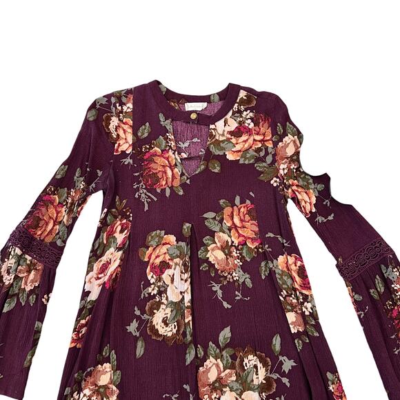 Altar'd State Burgundy W/Floral Print Bell Sleeve Boho Tunic/Dress - SIZE SMALL - Picture 3 of 6